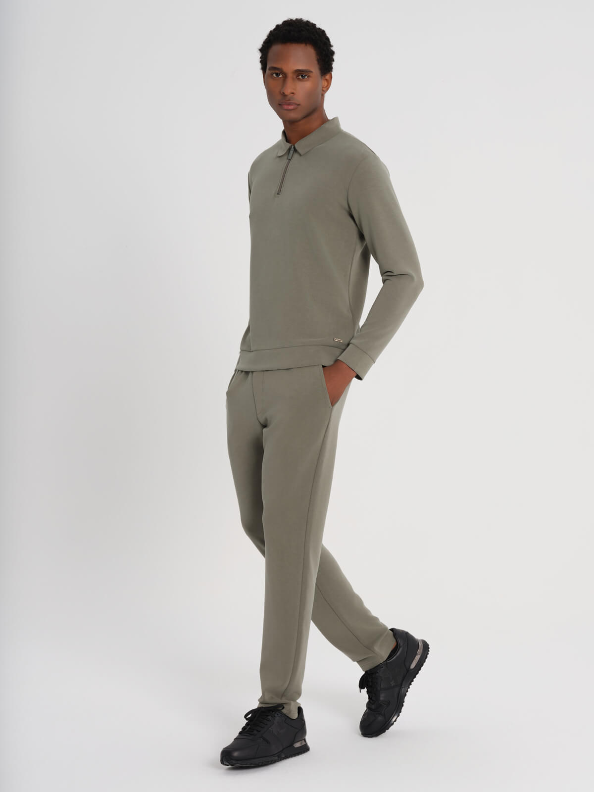 Khaki Bamboo Polo Long Sleeve With Zipper